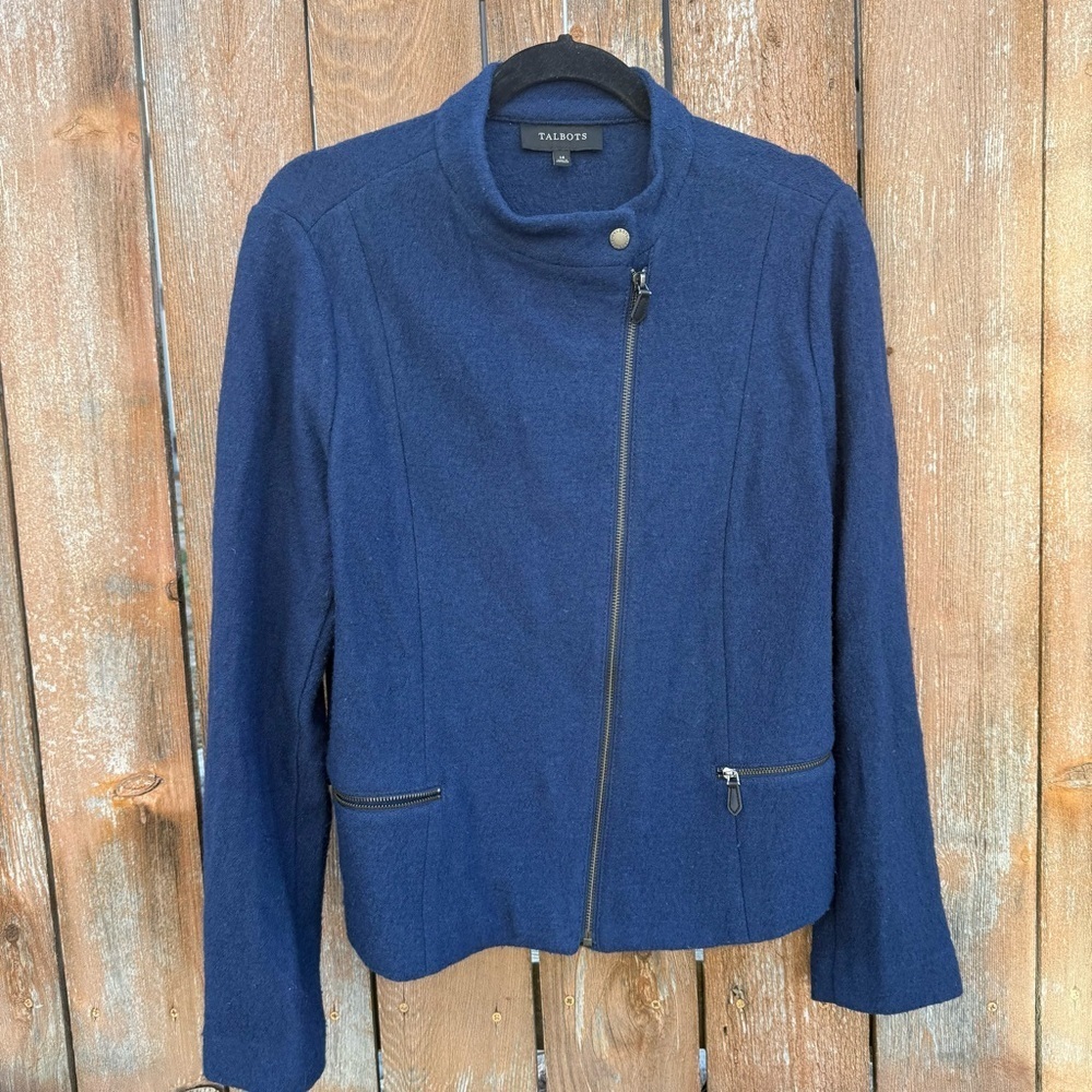 Talbots Women's Navy Blue Wool Blend Blazer Zipper Detail Size 14